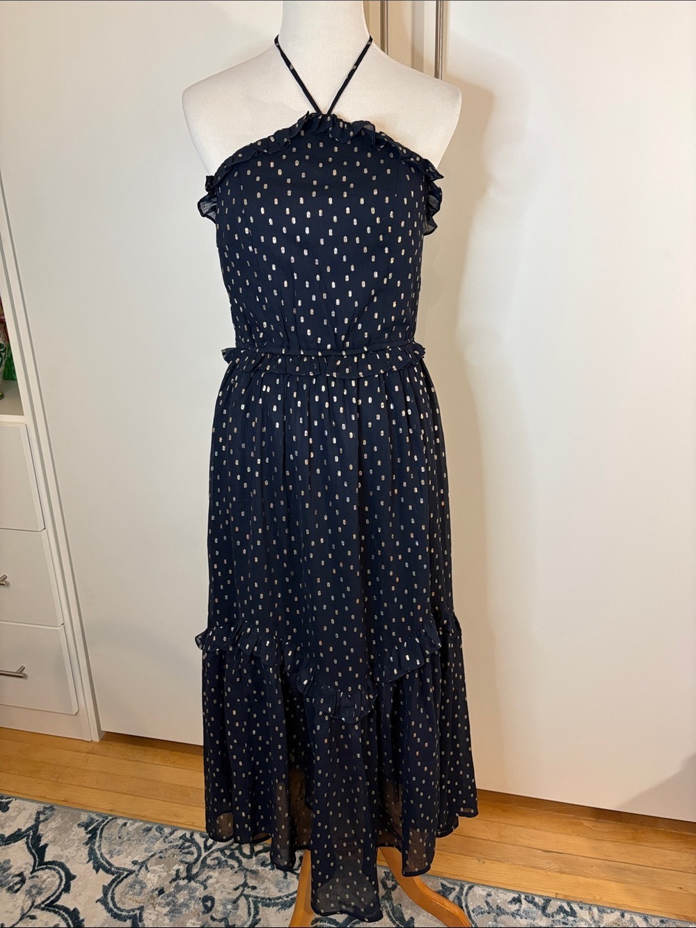 American Eagle Outfitters Navy Halter High-Low Dress with Gold Dot Accents